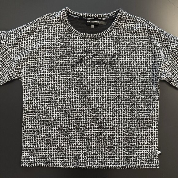 Karl Lagerfeld Paris Metallic Puff Sleeve Popover KARL Spell-Out Logo Top - Picture 5 of 13